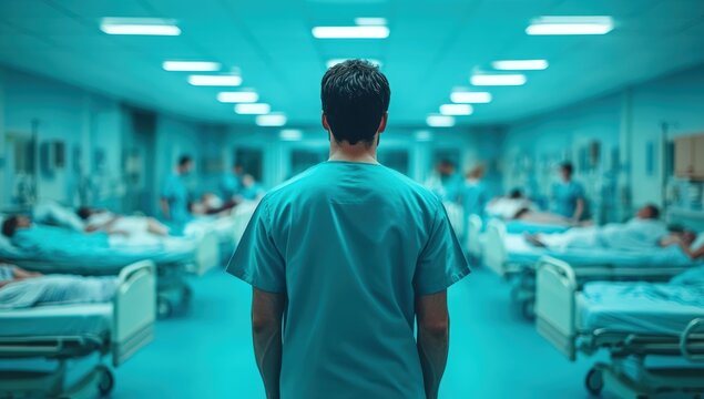 A healthcare professional stands observing multiple patients resting in hospital beds within a brightly lit, sterile medical ward.