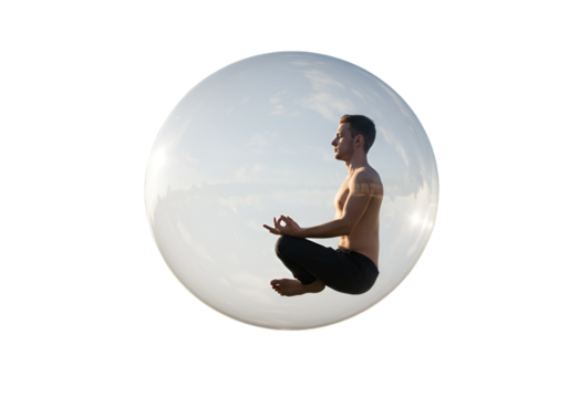 Isolated Photo Man Meditating Inside Transparent Bubble