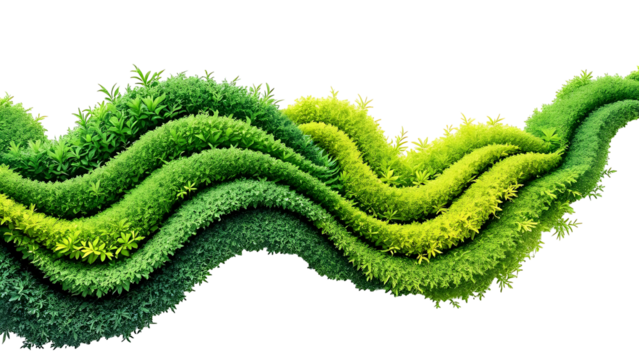 Abstract wavy green mossy plant tendril isolated on transparent background