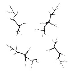 Four Black Cracked Ground Surface Elements Isolated on White Background break fracture