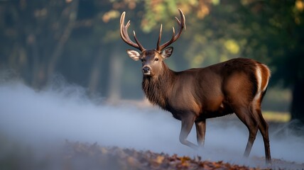A majestic red deer walks through a misty landscape. Its impressive antlers and alert posture reflect the wilderness and tranquility of its environment.