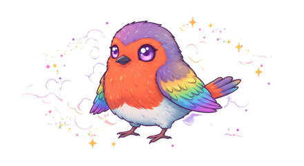 Rainbow Pixel Art Robin with Sparkles on Transparent Background