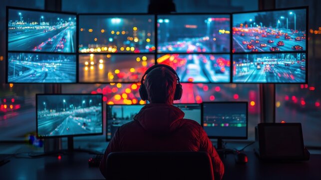 Traffic monitoring event city traffic control center digital content urban environment aerial view surveillance concept