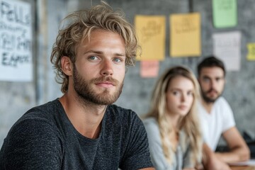 Office workers engaged in collaborative brainstorming and decision making.