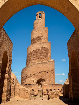 Historic Al Askari Mosque Minaret in Samarra Iraq under a clear blue sky