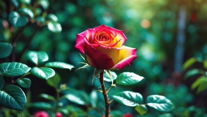 A vibrant pink and yellow rose blooming amidst green foliage in a lush garden setting.