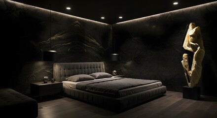 Onyx Bedroom with Sleek Lines, Abstract Sculpture, and Soft Ambient Lighting – Modern, Luxurious Retreat for Stylish, Serene, and Elegant Sleep Spaces
