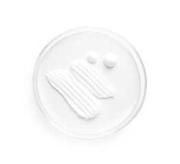 Fototapeta premium Cosmetic product in Petri dish isolated on white, top view