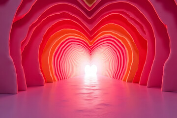 Obraz premium Abstract tunnel with heart-shaped opening and layered walls in shades of red pink and orange leading to bright light