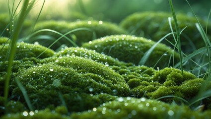 Close-up of moss with water droplets in a lush green environment, highlighting nature's freshness and vibrancy.