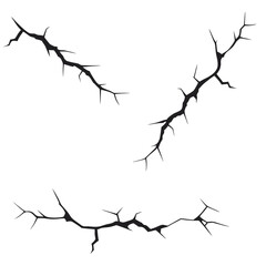 Three black jagged cracks on white background fissure fracture
