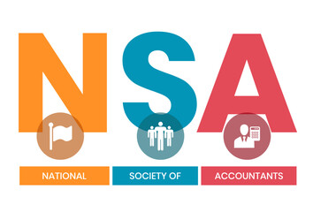 NSA - National Society of Accountants acronym. business concept background. vector illustration concept with keywords and icons. lettering illustration with icons for web banner, flyer