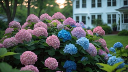 Pink and blue hydrangea flowers in a garden with a house in the background. Beautiful floral display in a residential setting. Gardening and landscaping. The beauty of nature and garden.