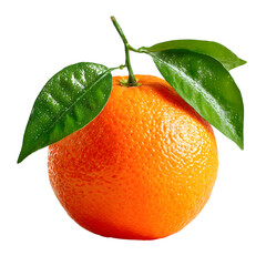Whole orange fruit with fresh green leaves, brightly lit and positioned centrally with surface texture visible, isolated on transparent background. --v 7.0 --s 250 --raw