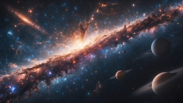 A vast galaxy with stars and planets, showcasing cosmic beauty and space exploration.