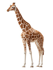 Fototapeta premium Isolated giraffe standing tall against black background. Giraffe's distinctive spots and long neck are clearly visible. Animal silhouette is sharp and well-defined