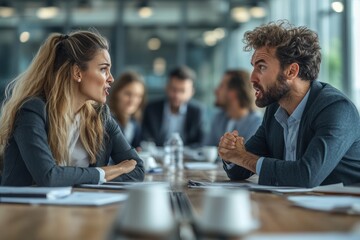 Tense business meeting with frustrated employees in disagreement.