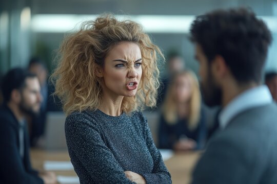 Two colleagues arguing during a tense office meeting.
