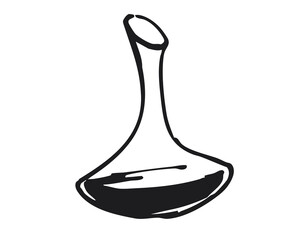 Wine decanter with long neck and wide base isolated on white background. Hand-drawn sketch illustration. Wine serving and barware concept for design and print