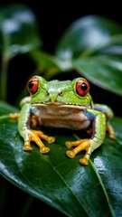 Obraz premium Vibrant green red eyed tree frog perched on lush dark green tropical leaves in natural rainforest habitat