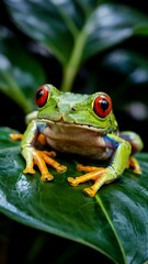 Obraz premium Vibrant red eyed tree frog perched on a lush green leaf in a tropical rainforest environment