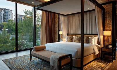 Luxury bedroom with a four poster bed and city view - Powered by Adobe