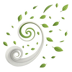 A swirling white and green fractal unfurls releasing a flurry of vibrant leaves a symbol of growth and the cycle of