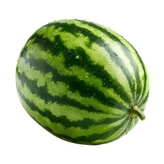 Whole striped green watermelon, cleanly lit with surface gloss and subtle shadows, isolated on transparent background for summer or grocery themes. --v 7.0 --s 250 --raw