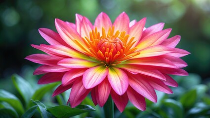 Fototapeta premium Bright pink and yellow flower with layered petals in a garden setting.