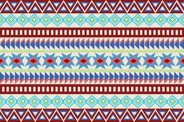 colorful geometric pattern composed of horizontal rows featuring a variety of repeating shapes. The design includes bold red triangles, blue diamonds, green and turquoise motifs, and rectangular block