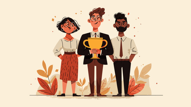 Best team employees. Workteam winners with trophy cup award, corporate recognition success high quality man woman employee competition winner reward cartoon vector illustration
