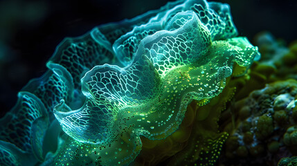 Bioluminescent alien marine organism with a delicate, glowing lattice structure