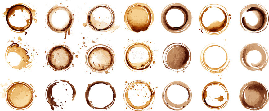 Coffee ring stains. Coffee cup stain realistic set, hot drink mug circle splash stamp cafe dirty liquid spot caffeine splatter or tea drip mark stained texture vector illustration