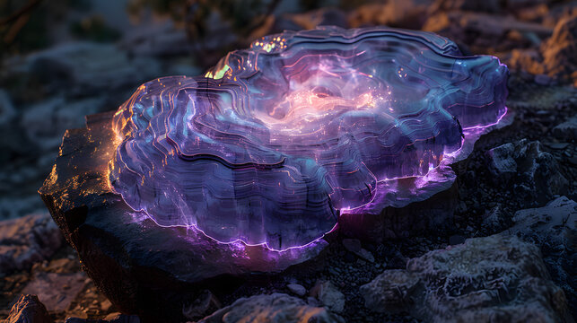Ethereal translucent brain-like crystal with glowing purple layers on a rocky surface