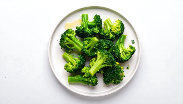 Steamed broccoli florets on a white plate
