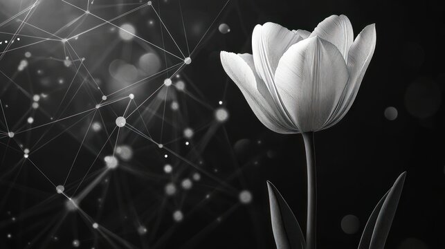 Monochrome tulip against abstract network background. - Powered by Adobe