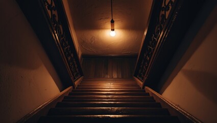 A staircase leading down with a light bulb hanging from the ceiling, viewed from the top. The image depicts an indoor setting with ornate railings.