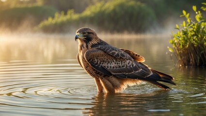 A majestic bird of prey standing in water with mist and greenery in the background.