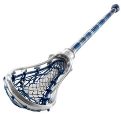 Women?s lacrosse stick with silver handle and blue plaid mesh head, angled diagonally and isolated on transparent background for sports branding. --v 7.0 --s 250 --raw