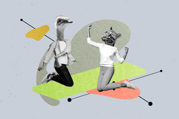 3d sketch poster trend collage image of two girl guy instead head mammal animal ostrich tiger head...