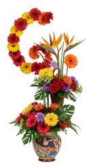 Isolated Photo Colorful Flower Arrangement in Ornate Vase on Black Background