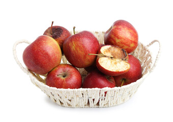 Spoiled apple and good ones in basket isolated on white