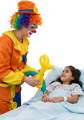 Isolated Photo Clown Cheering Up Girl in Hospital with Balloon