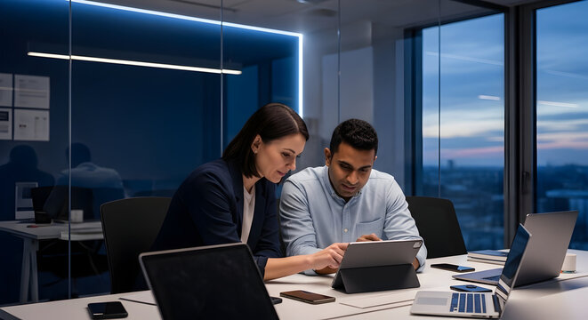 Diverse Professionals Collaborating On A Tablet In A Modern Office At Night