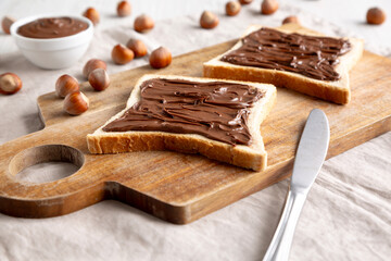 Homemade Chocolate Hazelnut Toast, side view. Close-up.
