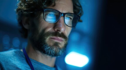 Focused man with glasses working in a dark room with blue light reflecting on the lenses and face