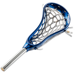 Women?s lacrosse stick with silver handle and blue plaid mesh head, angled diagonally and isolated on transparent background for sports branding. --v 7.0 --s 250 --raw