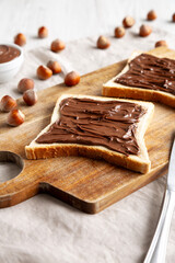 Homemade Chocolate Hazelnut Toast, side view. Close-up.