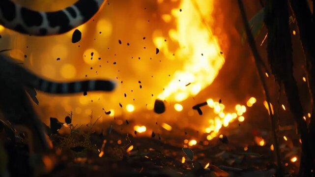 Jaguar and cub running from forest fire