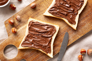 Homemade Chocolate Hazelnut Toast, top view. Flat lay, overhead.